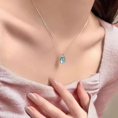 Women's 925 Silver Aquamarine Pendant Summer Necklace