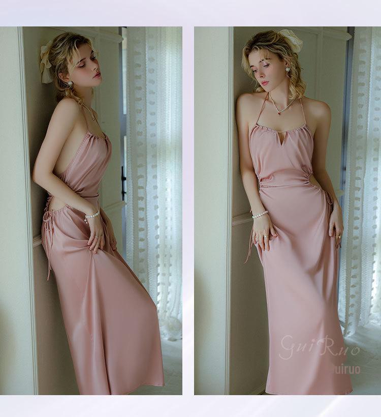 Guiruo Ice Silk Backless Nightdress – Sexy Halterneck Solid Color Pajamas for Spring and Summer (Q2750)