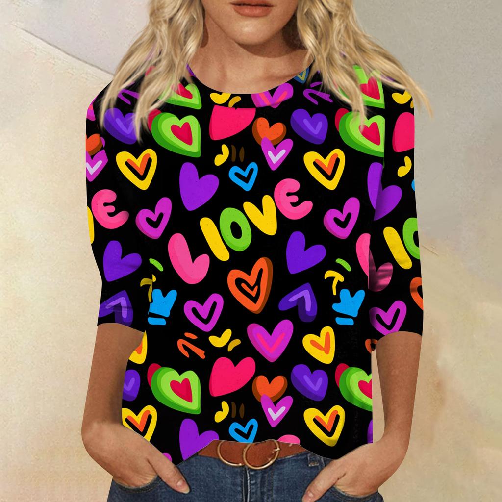 Women's Tops Three-quarter Sleeve Shirt V-neck Loose Casual Shirt Print T-shirt