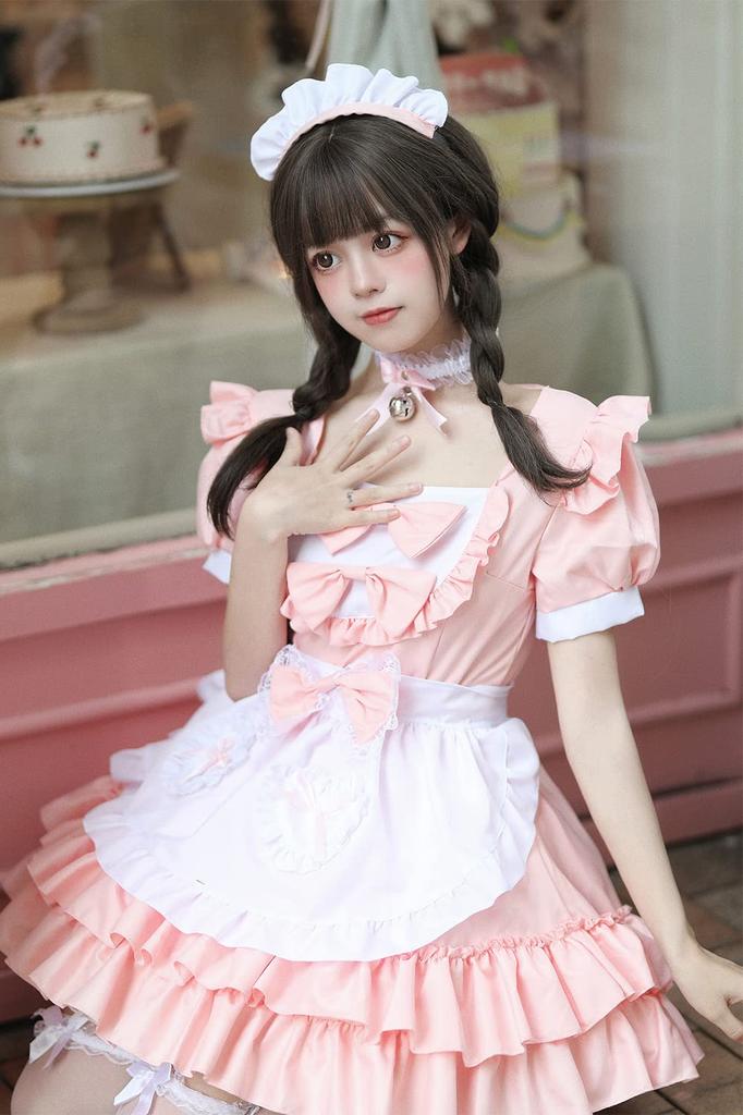 YAISHN Gothic Lolita Menajeră Disponibilă în 4 și cu Clopoțel Halloween Drăguță Lolita Fundiță Scurtă și Performanță Include Șosete Ținută, Populară, Culori Roz,