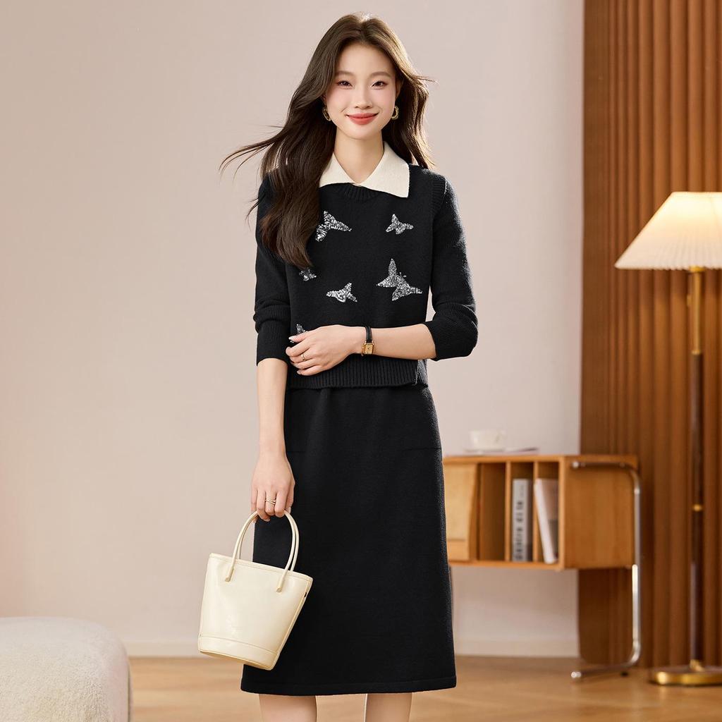 Damski dzianinowy zestaw dwuczęściowy: Kamizelka z okrągłym dekoltem i kardigan o średniej długości z długim rękawem Sukienka wełniana