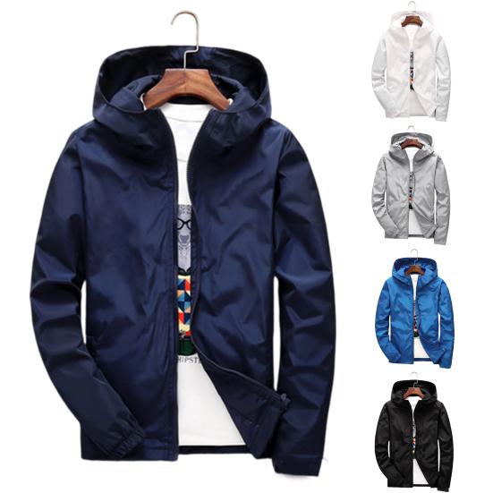 Men Coat Solid Color Long Sleeves Elastic Cuff Smooth Surface Streetwear Autumn Winter Hooded Windbreaker Jacket for Daily Wear