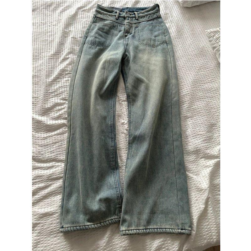 

Жіночі джинси з високою посадкою, у стилі ретро, випрані, зимовий американський стиль, прямий крій, не облягають, з флісом для тепла L (105-120 lbs)