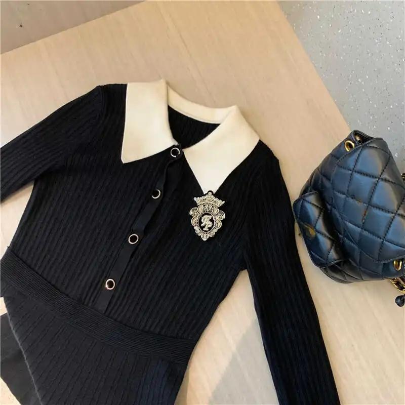 Školní studentka Pletené černé šaty Dámské Preppy Styl Korejská móda Kpop Dlouhý rukáv Mini Krátké šaty Podzim