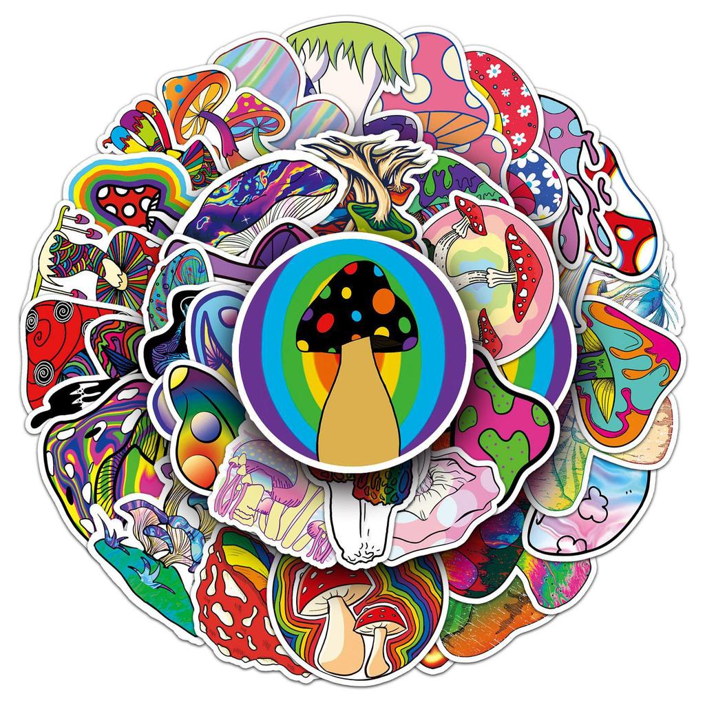 50PCS Colorful Mushroom Cartoon Stickers—Waterproof, Ideal for Suitcase, Scooter, Computer, Tablet, Water Bottle Decoration