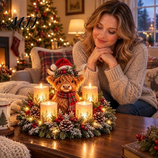 Decorative Evergreen Lamp Christmas Animal Candle Holder Figurine, Resin LED Flameless Holiday Centerpiece Light, Desktop Ornament for Mantel