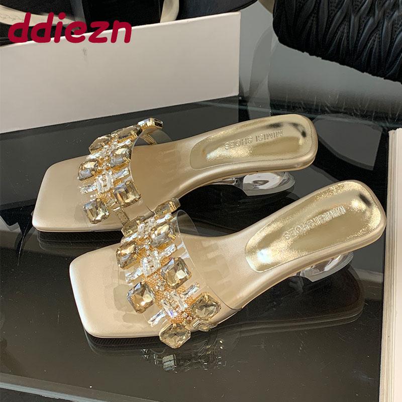 Fashion Luxury Crystal Fashion Transparent Heels Ladies Wedges Slippers Rhinestones Women Heeled Slippers Shoes Female Slides Pumps