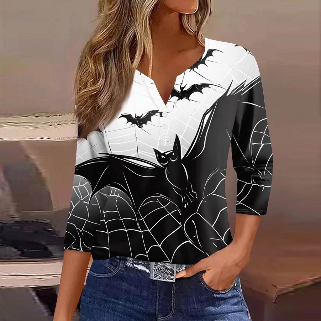 Women's Fashion Casual T-Shirt V-Neck Seven Sleeve  Printed Button Top