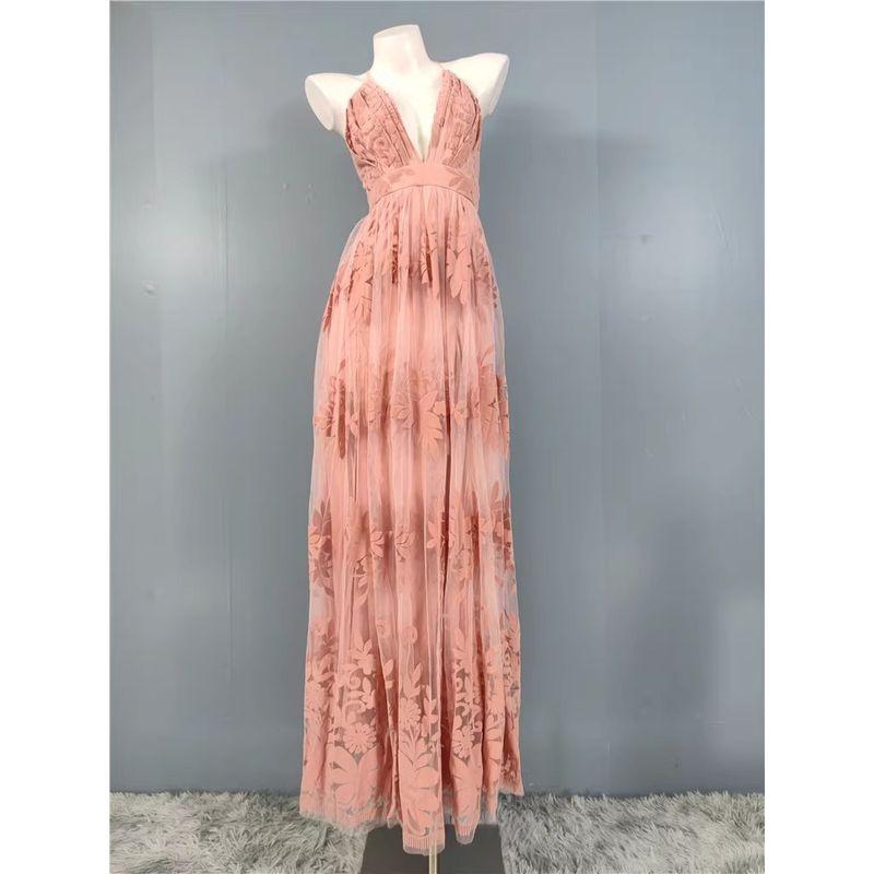 Export Single 2024 Autumn New Arrival Classy Mesh Flocking Deep V Socialite Host Banquet Party Dress Dress