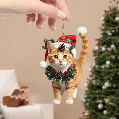 Weihnachtsanhänger mit Katze, 2D-Acryl, hängendes Ornament, Weihnachtsmannmütze, Katze, Auto-Rückspiegel-Charm, Baumdekoration, Geschenk für Katzenliebhaber