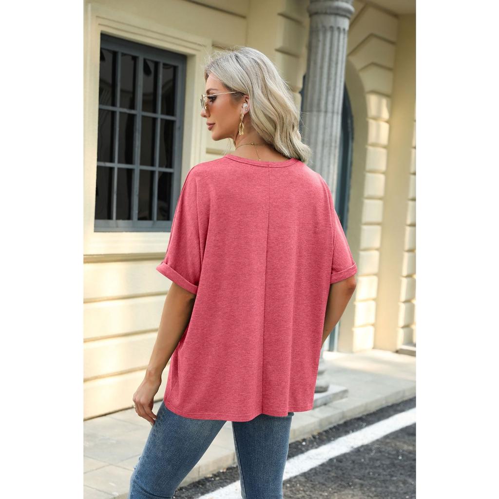 HNXC Spring Summer Solid-color Round-neck Loose Short-sleeved T-shirt Top for Women