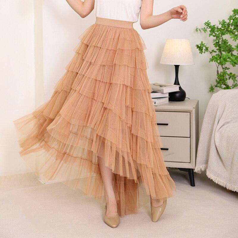 Qooth Fustă lungă din plasă cu tort pufos în gradient, vintage, cu talie elastică, rochie de bal din tifon tul pentru vară QT2222