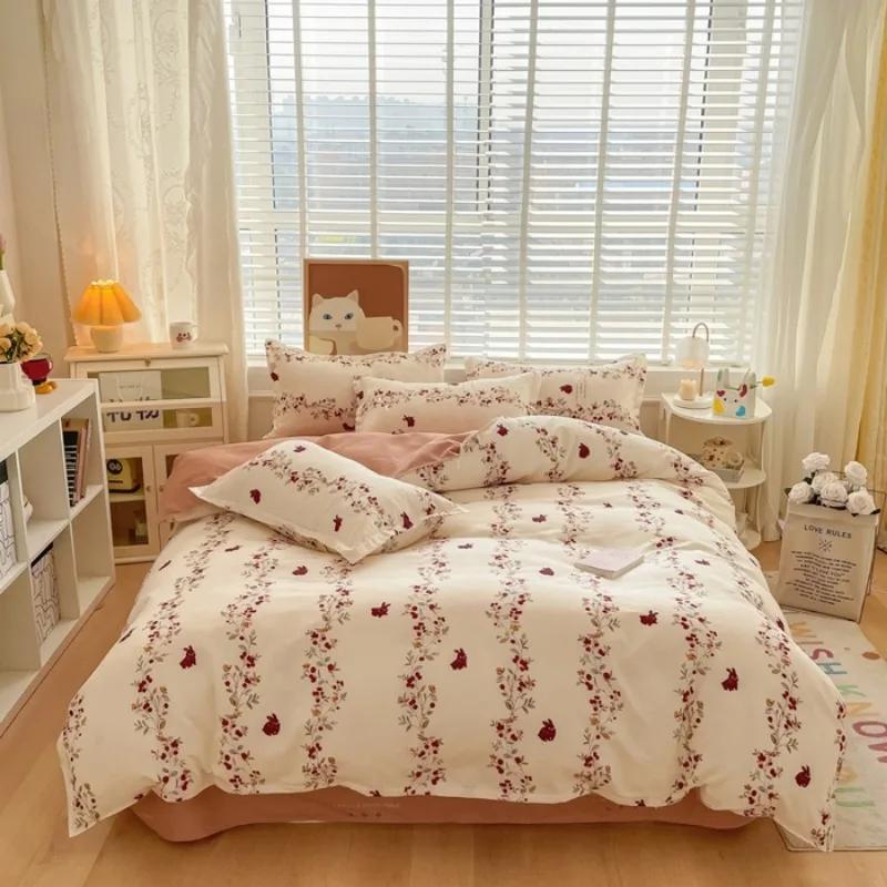 small fresh pure cotton abraded four-piece set, skin-friendly bed sheet washed cotton quilt cover, dormitory three-piece set