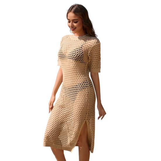 Women Summer Cover Up Dress O-neck Half Sleeve Solid Color Hollow See-through