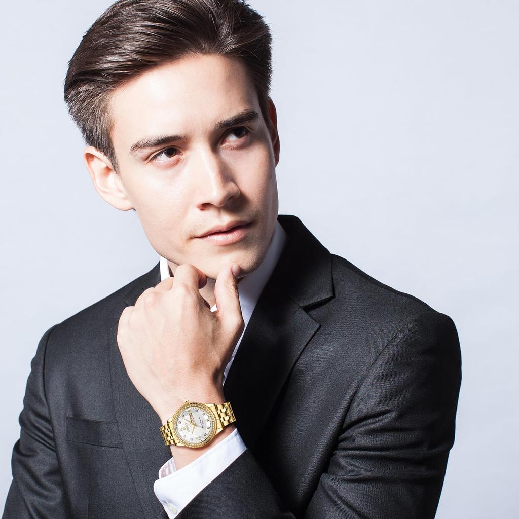 Stylish Stainless Steel Gold Analog Display Calendar 3ATM Water Resistant Day of the Week Pair Watch Pair Watch Quartz Leisure Business Couple Fashion