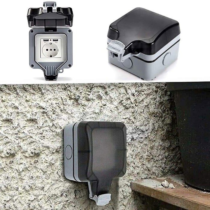 Prise étanche IP66 murale AIMOONSA – prise électrique extérieure avec couvercle et ports USB