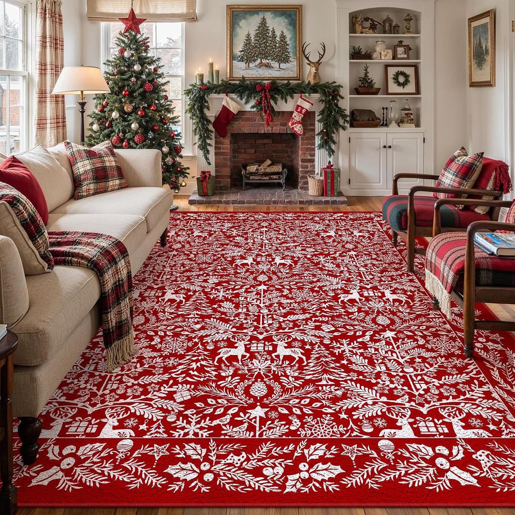 Home Red Christmas Rugs Soft Stain Resistant Modern Red Carpet Bedroom Rugs Dining Room Living Room Vintage Soft Area Washable