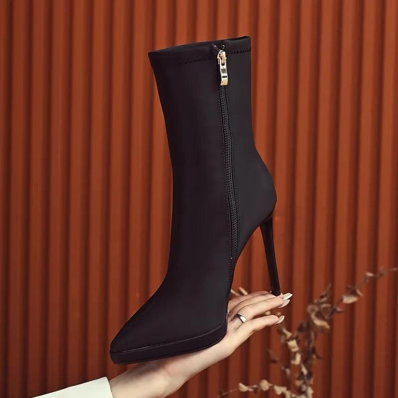 2024 New Womens High-heeled Mid Calf Boots with Side Zipper Pointed Toe Thin Heel Anti Slip Waterproof Winter PU Fashion Boots