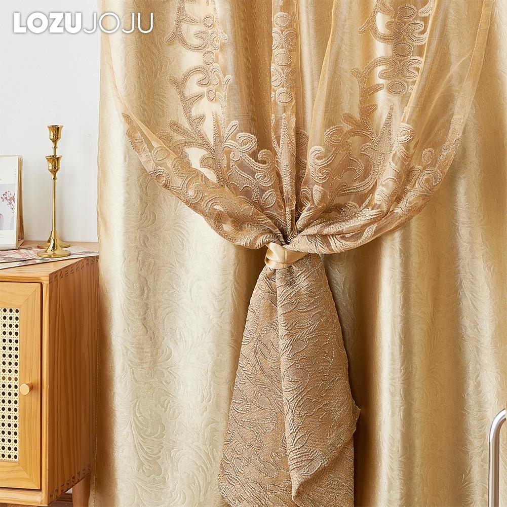 1 ks LOZUJOJU Evropský luxusní zatemňovací zlaté jednobarevné zatemňovací a žakárové průsvitné dvouvrstvé závěsy do ložnice, obývacího pokoje, domácí dekorace