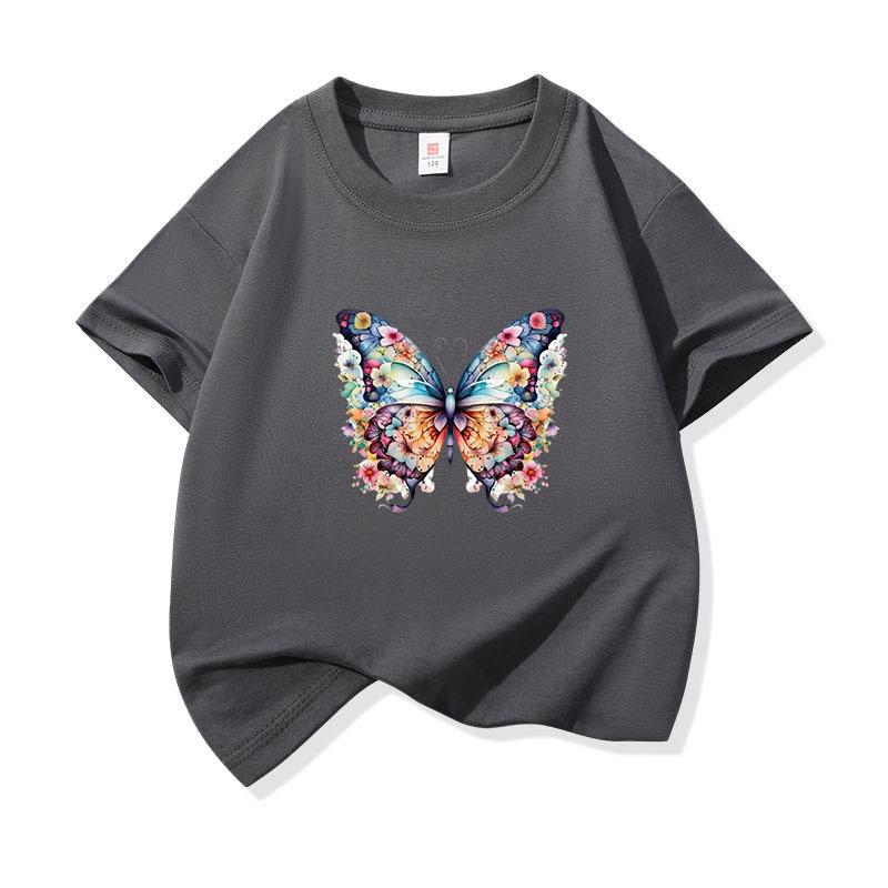 Kids Cotton T Shirt Colorful Floral Pattern Butterfly Print Crew Neck Short Sleeve Tee Casual Boys Girls Summer Tops