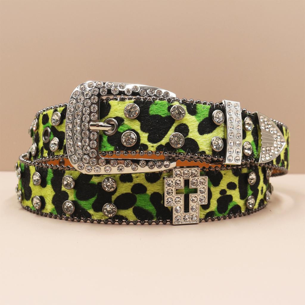 Cross Belt Leopard Print Western Rhinestone Belt Personalized Denim Woman Rivet Jeans Belt