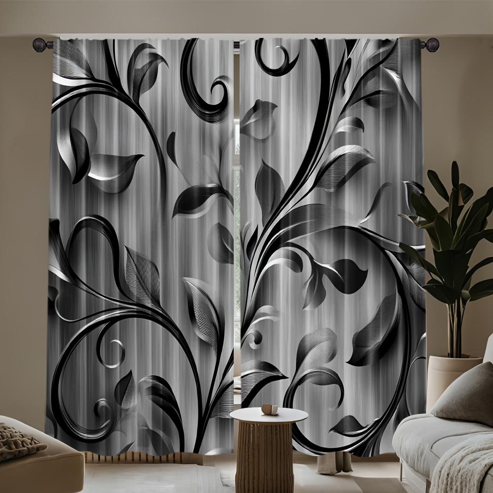 2Pcs Elegant Sheer Curtains – Black And White Floral Pattern, Ideal For Living Room And Bedroom, Modern Home Decor