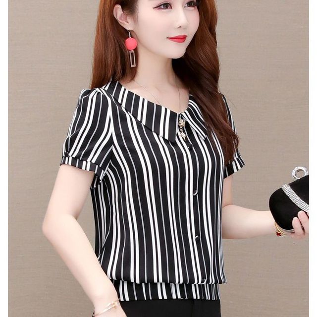 

Корейская версия, полосатая рубашка с короткими рукавами, короткая блузка с кукольным вырезом, новый летний топ M-3XL M чёрный