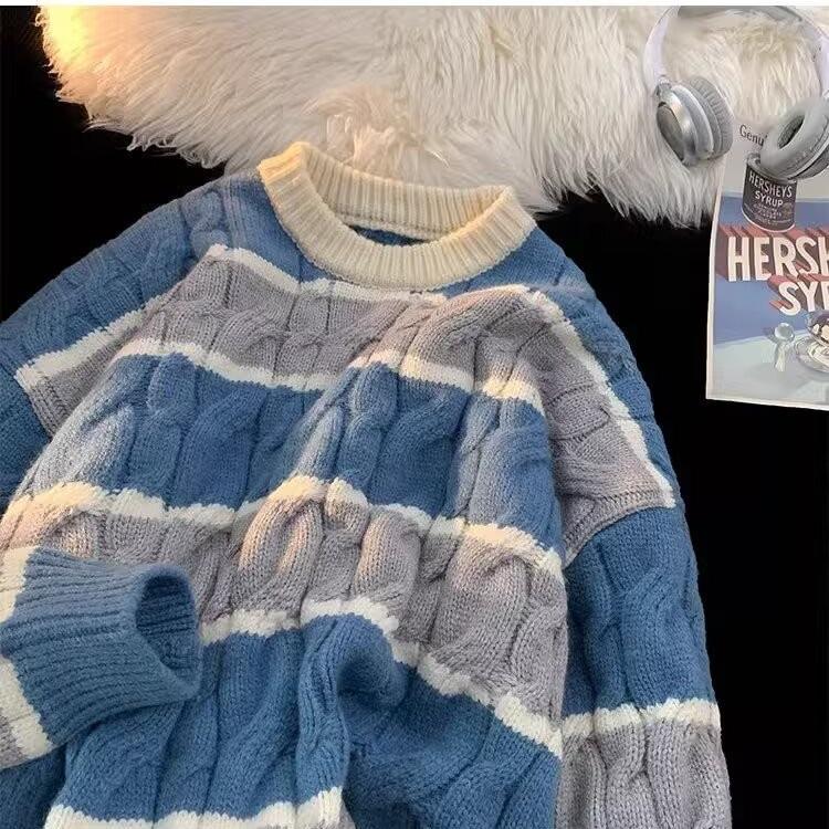 Men s Trendy Striped Color Block Loose Knit Pullover - Autumn/Winter Collection L синий
