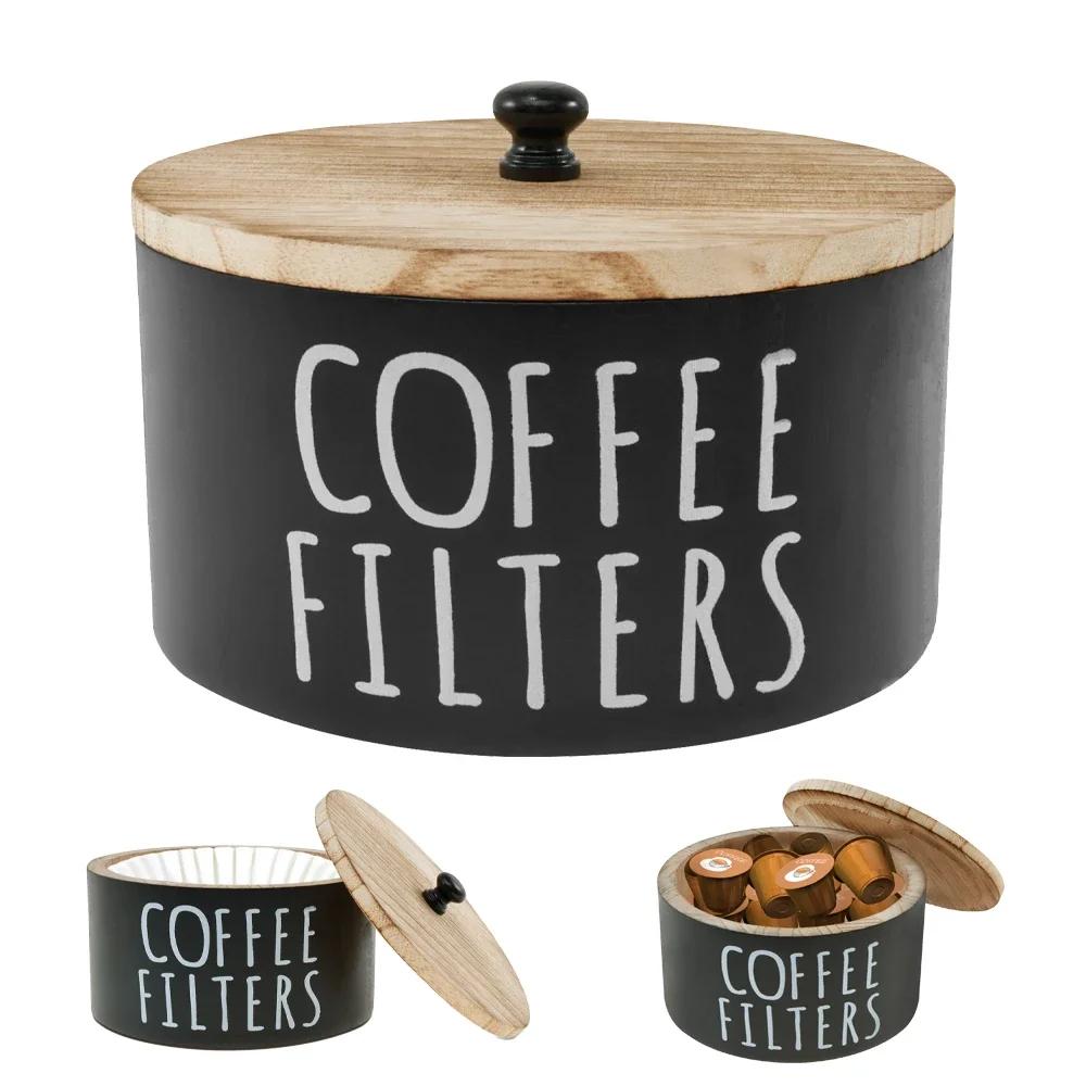 Wooden Coffee Filter Paper Storage Jar Hold 50pcs Filters Paper Coffee Pods Storage Container Kitchen Coffee Bar Organizer