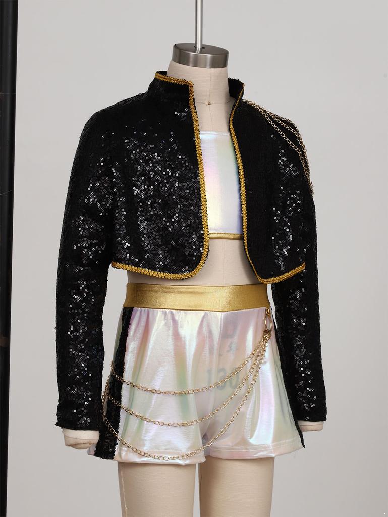 Kids Demon Singer Leader 3 Piece Dance Set Sequins Jacket Crop Top with Shorts Stage Performance Outfit