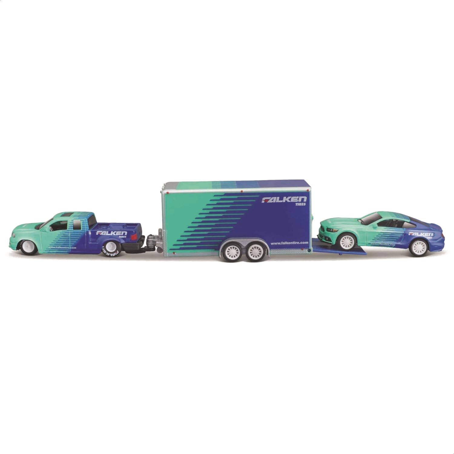 

Maisto Design Team Hauler Series 1/64 Scale Diecast Model Cars (2004 Ford F-150 / 2015 Ford Mustang GT Falken Green/Blue)