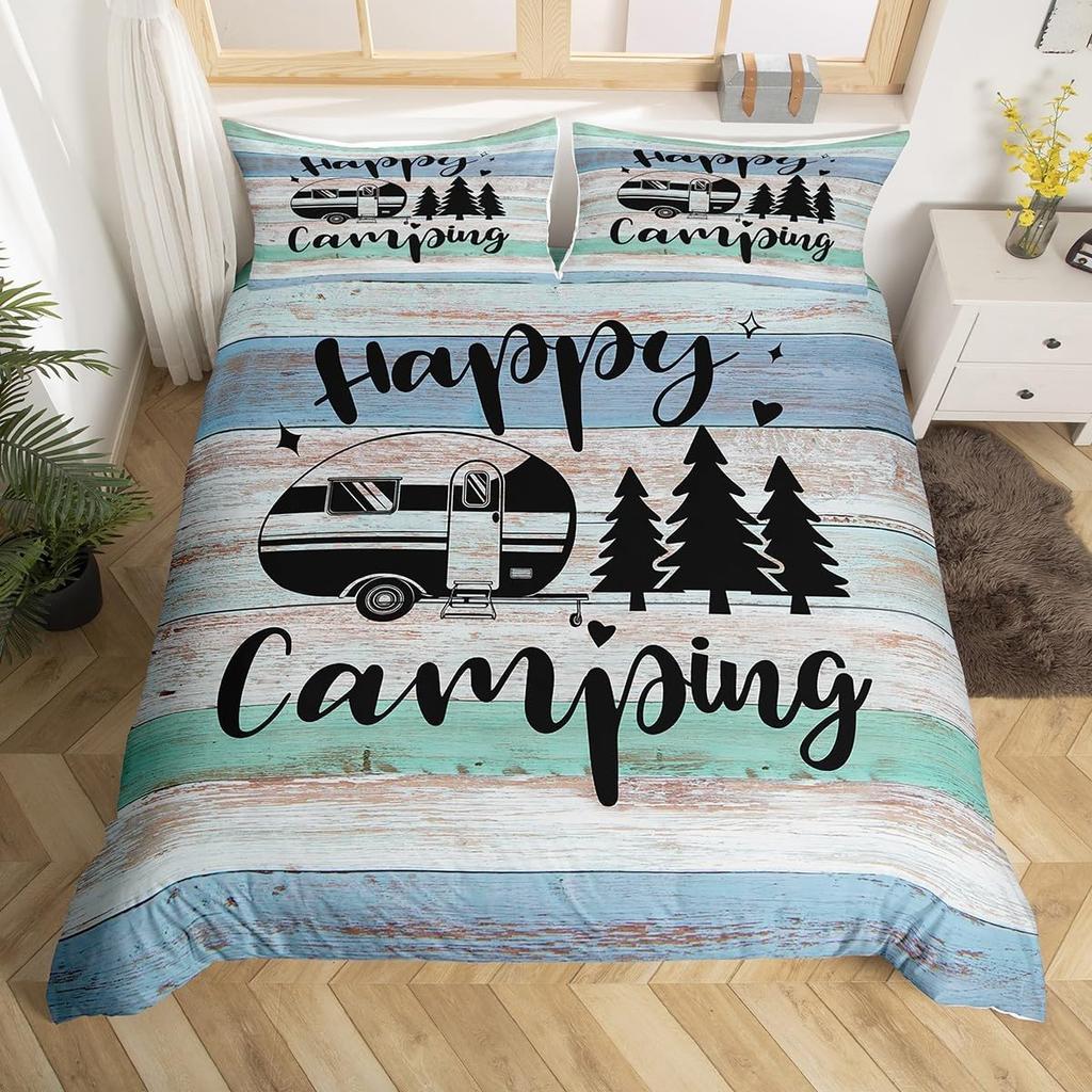 Happy Camping Duvet Cover Queen Full Twin King Camper Theme Comforter Cover With 2 Pillowcase Rustic Farmhouse Style Bedding Set