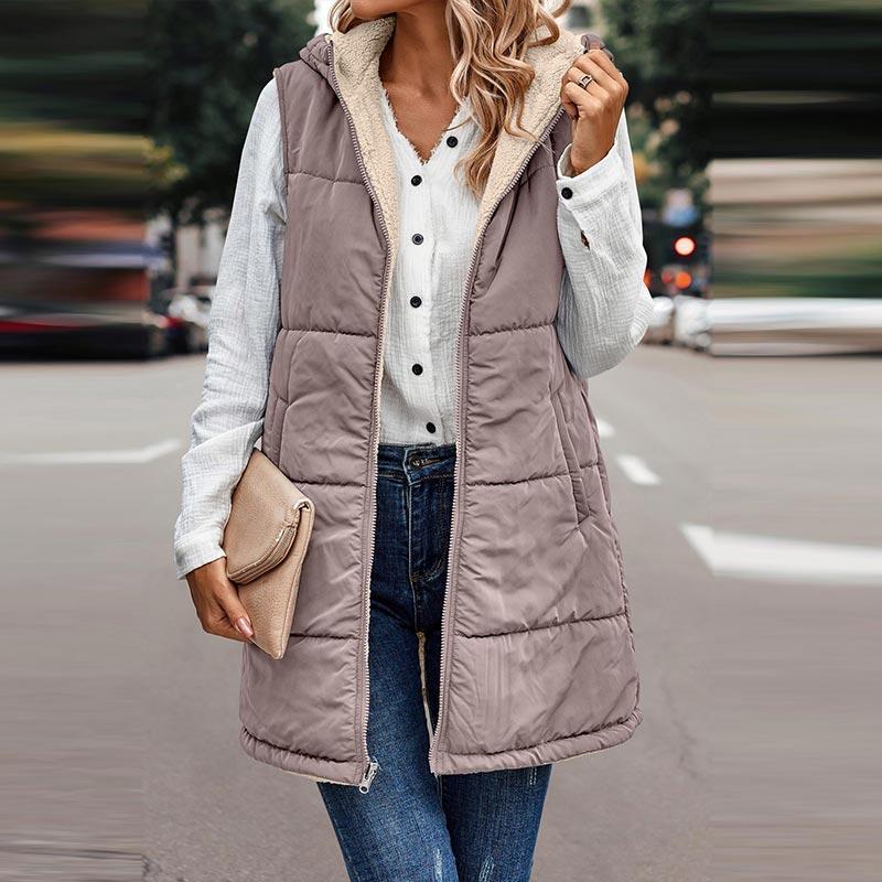Gilet reversibile autunnale da donna, senza maniche, con cerniera, con cappuccio, tasche, lungo, caldo, invernale