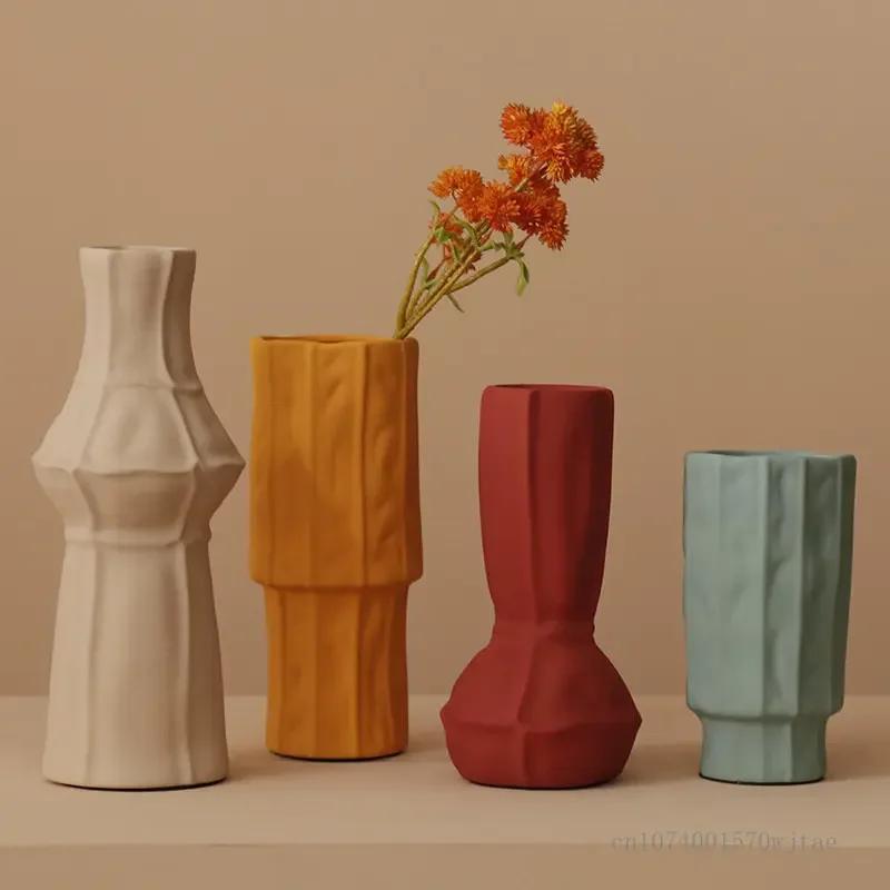 Nordic Textured Glazed Ceramic Geometric Vase, Home Living Room, Bedroom, Office, Study Desk Decoration Vase, 1Pc