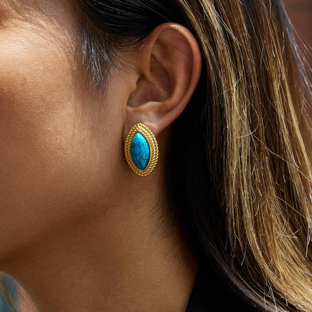 Youthway Retro-Style Women'S Teardrop Stud Earrings Blue Turquoise Stainless Steel Hypoallergenic Jewelry