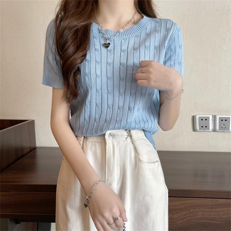 Vintage Crew Neck Short Sleeve Shirt Knitted Sweater Women's Thin Summer Design Slim Fit Short Student Top