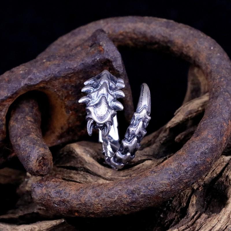 Adjustable Open Ring Men Women Sterling Geometric Vintage-Inspired Centipede Design Statement