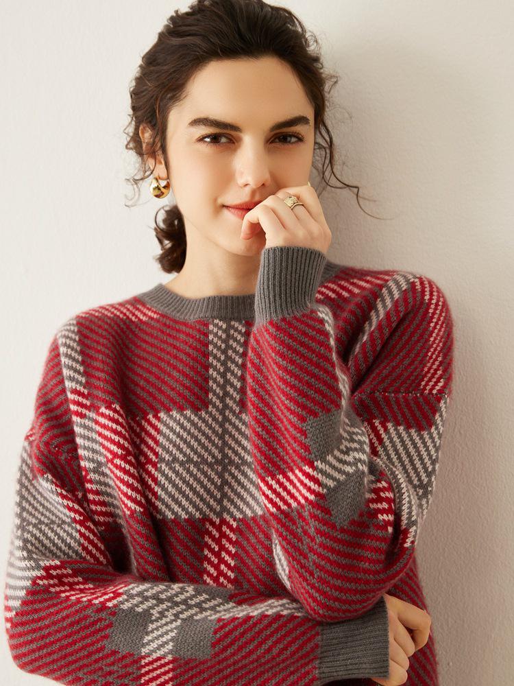 Women's Korean-Style Retro Plaid Knit Cashmere Sweater - Loose Fit, Thick Long Sleeve Pullover