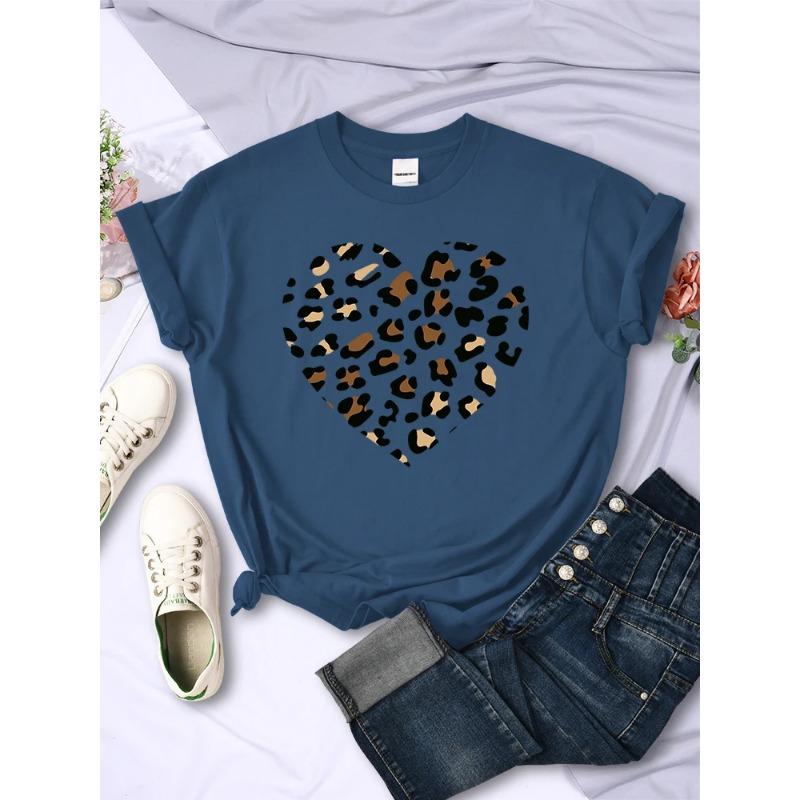 Sommer Rundhals 3D Leopard Herz Print Top Modische Lässige Kurzarm Damen T-Shirts