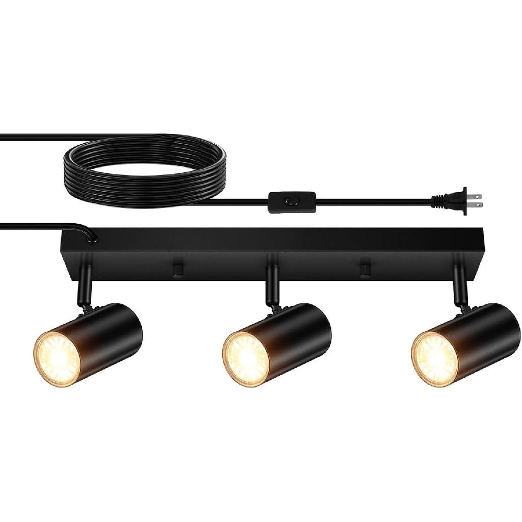 3 Light Track Lighting Kit,Black 3 Way Modern Plug in Ceiling Spotlight,Industrial LED Wall Light for Kitchen Cabinet Gallery Bar Hallway Living