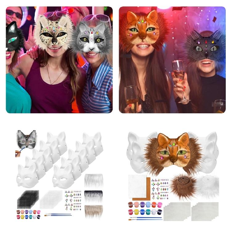 Cats  Foxes Mask with Furs Eye Mesh Felts Sheet Therians Dress Up Mask to Paint for Halloween Masquerade Cosplay Party