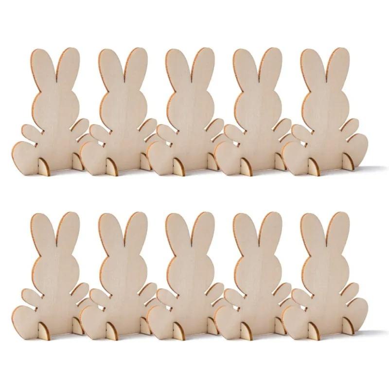 

10pcs Unfinished Wooden Easter Bunny 3D Rabbit Wooden Stand Ornament Cutouts Craft for DIY Painting Table Decoration Easter