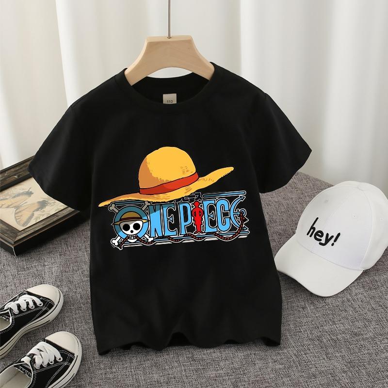 Ones Piece Black T-shirt Cute Game Role Infant Tees O-neck Tops Kids Boy ShortSleeve Anime Streetwear Shirt Child Cotton Clothes