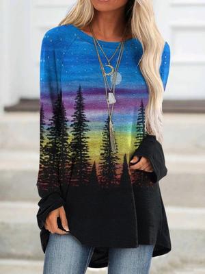 Plus Size Women Spring Tree Printed Comfy Long Sleeve Round Collar T-shirt Casual Baggy Mid Length Tee Tops