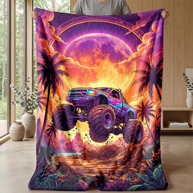 Neon Monster Truck Theme Blanket Lightweight Warm Flannel Blanket Decorative Throw Blanket for Home Decoration
