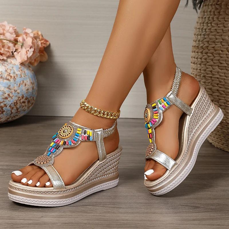 Fashion Bohemian Style Wedge Heel Sandals Women Summer 2025 Thick Sole Non Slip Beach Shoes Woman Colorful Bead Chunky Platform Sandals