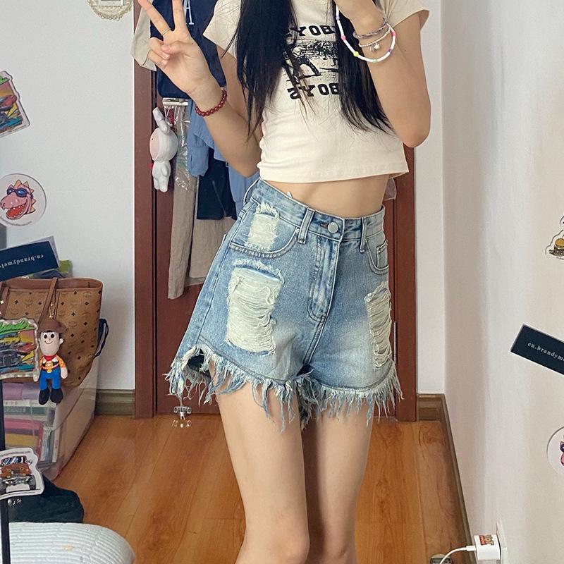High-Waisted Ripped Vintage Wash A-Line Shorts for Women - Summer 2025 Collection