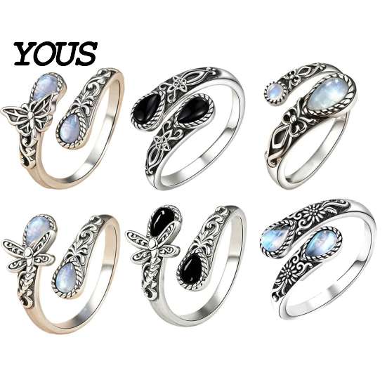 Vintage Finger Ring Faux Moonstone Ring, Waterdrop Fake Gemstone Adjustable Open Stone Healing Band Jewelry for Couple, Women