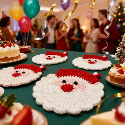 4 pièces Dessous de verre faits main au crochet Père Noël - Décoration de fête, Porte-boissons en tissu durable, Décoration de table festive, Cadeau de Noël unique