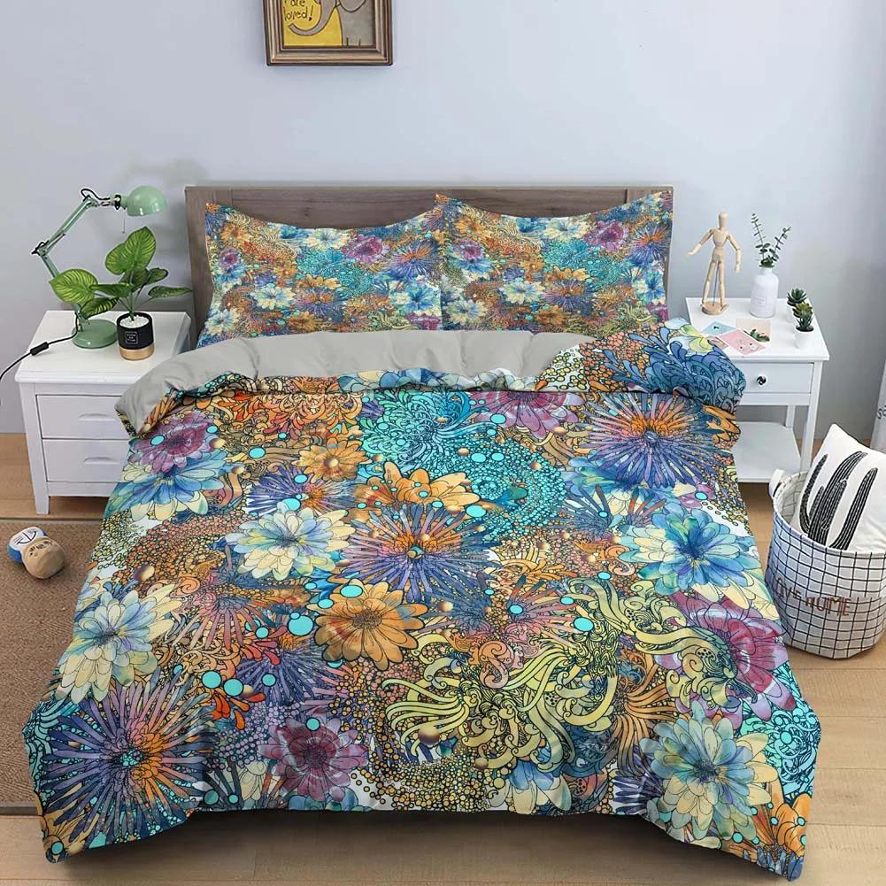 Vintage Flower King Queen Duvet Cover Peony Sunflower Bedding Set Tropical Floral Quilt Cover Boho Polyester Comforter Cover